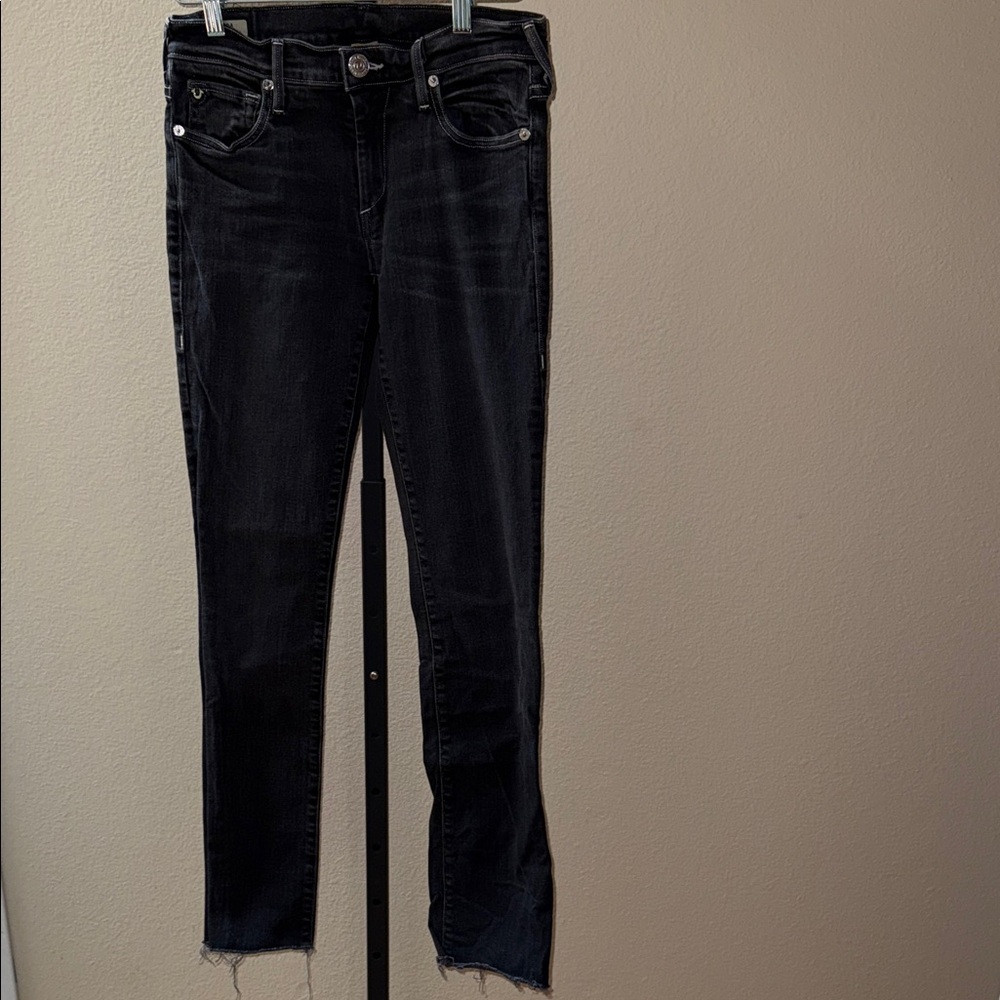 True Religion Distressed Black Cora Mid Rise Straight Skinny Jeans Women’s Sz 27